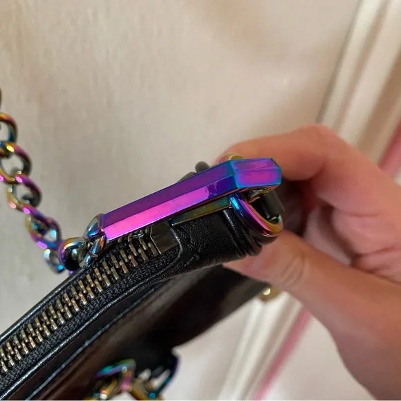 Rebecca Minkoff Black Leather Bag with Rainbow Oil Slick Hardware - Picture 8 of 14